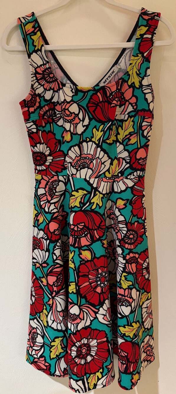 Mystic Floral Pop Art Sleeveless Dress Size M Teal Red